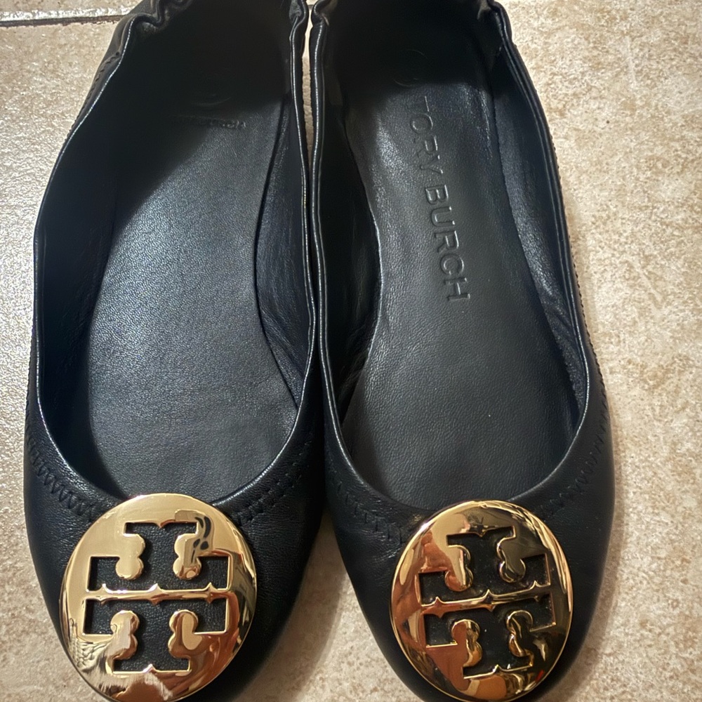 Tory Burch Black Flats with Gold Emblem